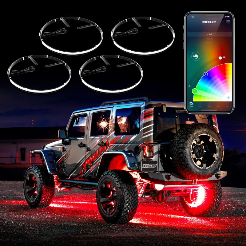 XK Glow Adjustable Wheel Ring Light Kit w/ Dual-Mode Dash Mount Controller 4PC 15-18In
