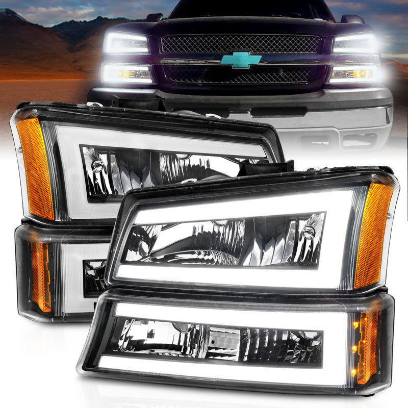 ANZO 2003-2006 Chevrolet Silverado 1500 Crystal Headlights w/ Light Bar Black Housing.
