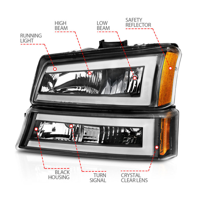 ANZO 2003-2006 Chevrolet Silverado 1500 Crystal Headlights w/ Light Bar Black Housing.
