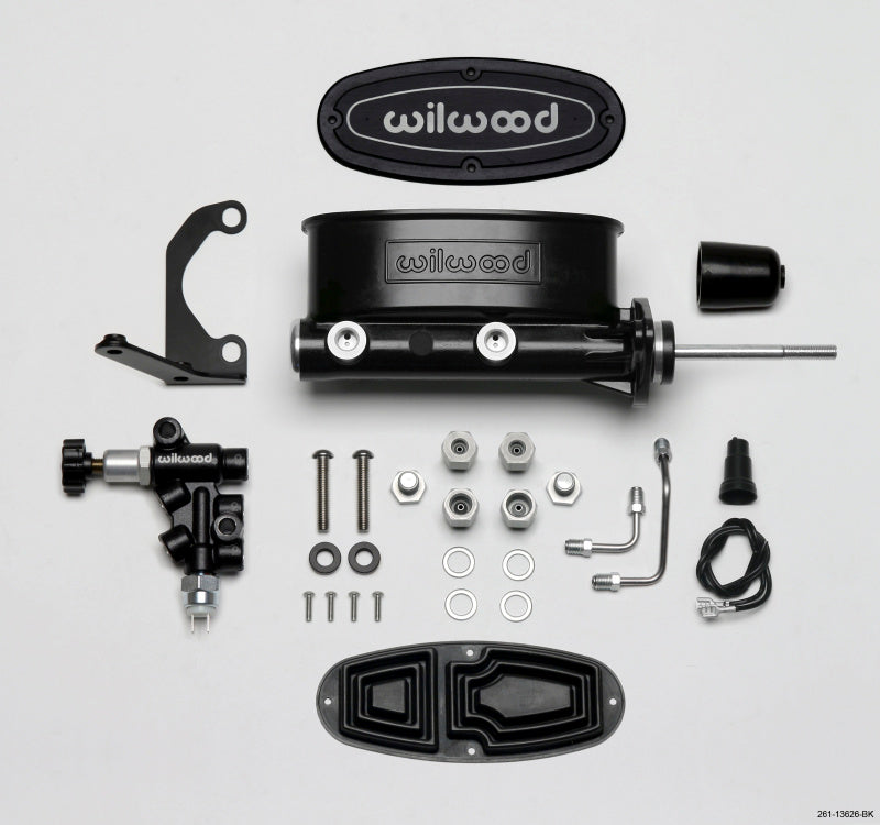 Wilwood HV Tandem M/C Kit w L/H Bracket & Prop Valve - 15/16in Bore Black-W/Pushrod.