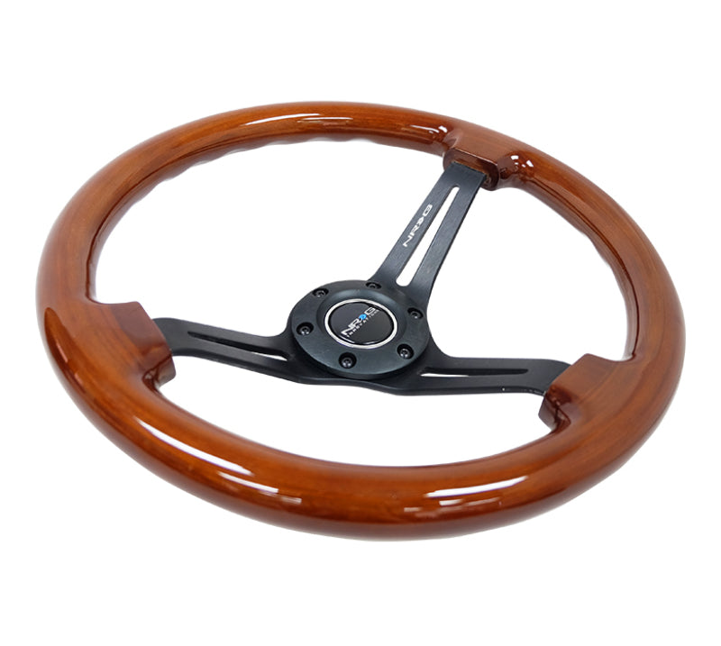 NRG Reinforced Steering Wheel (350mm / 3in. Deep) Brown Wood w/Blk Matte Spoke/Black Center Mark.