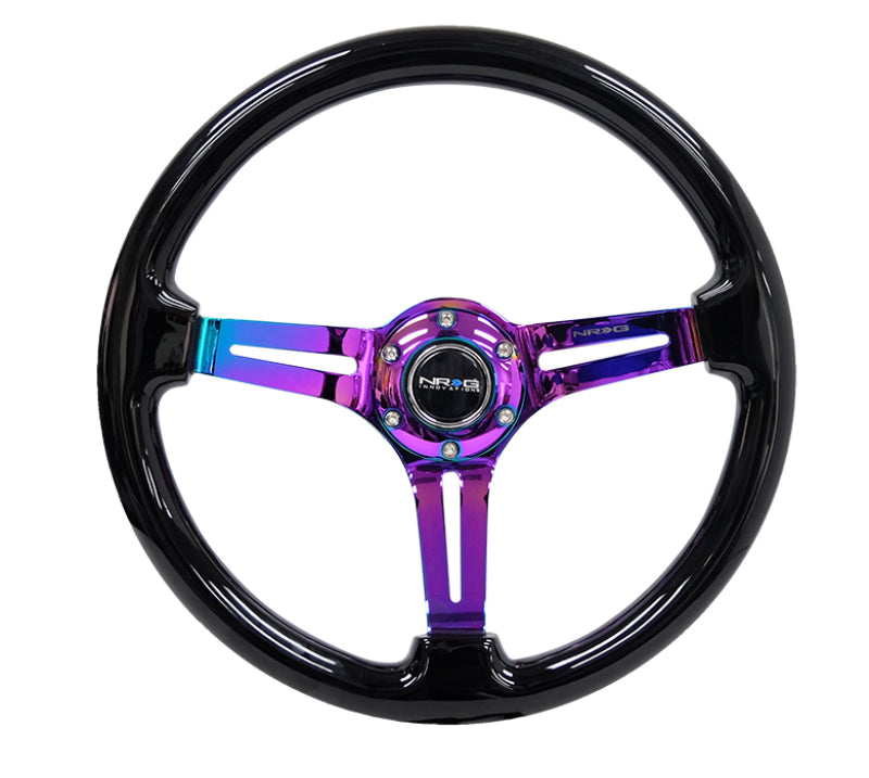 NRG Reinforced Steering Wheel (350mm / 3in. Deep) Blk Wood w/Blk Matte Spoke/Neochrome Center Mark.