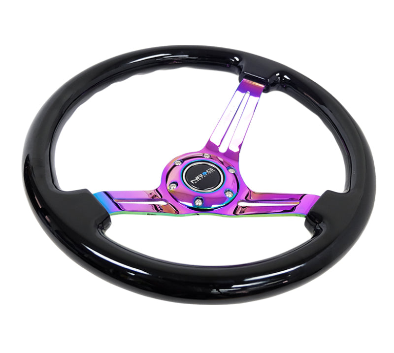 NRG Reinforced Steering Wheel (350mm / 3in. Deep) Blk Wood w/Blk Matte Spoke/Neochrome Center Mark.