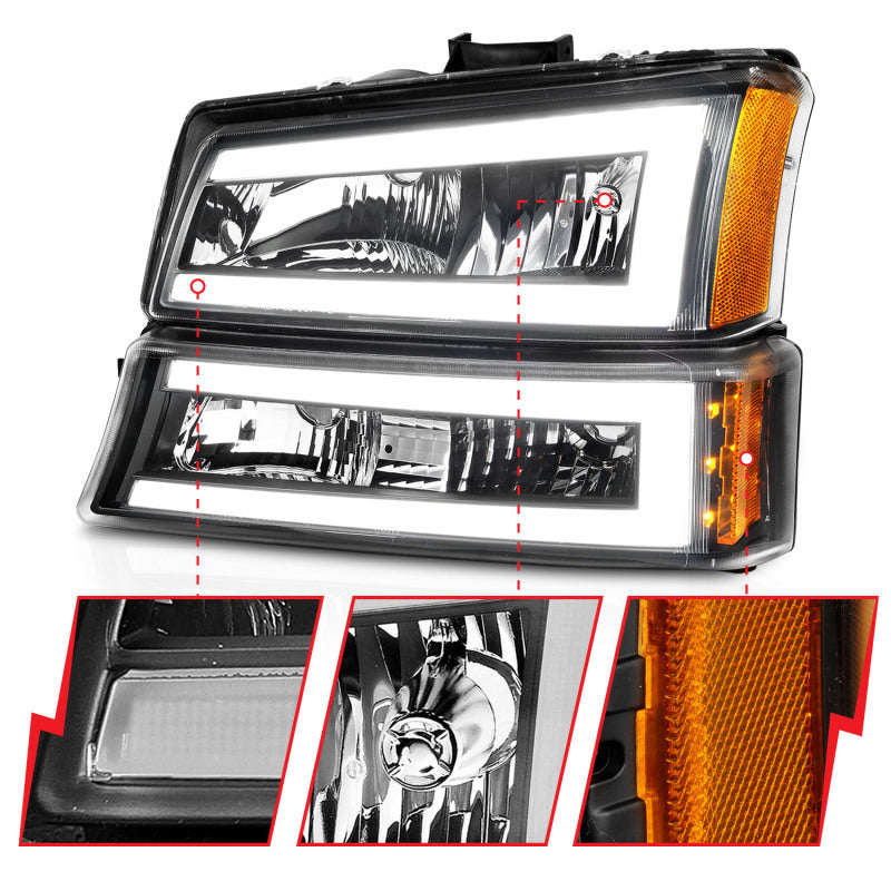 ANZO 2003-2006 Chevrolet Silverado 1500 Crystal Headlights w/ Light Bar Black Housing.