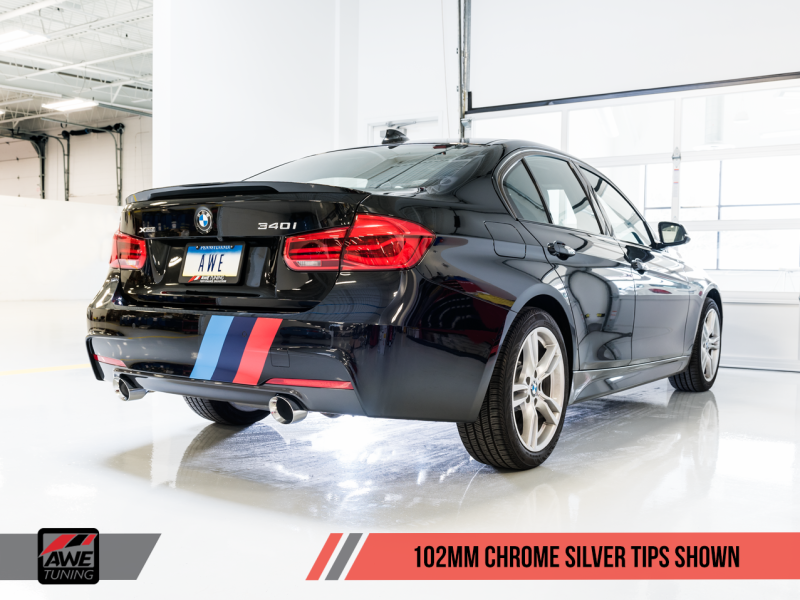 AWE Tuning BMW F3X 340i Touring Edition Axle-Back Exhaust - Chrome Silver Tips (102mm).