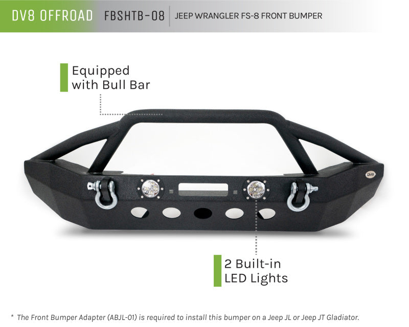 DV8 Offroad 07-18 Jeep Wrangler JK/JL FS-8 Mid Length Steel Front Bumper w/ LED Lights