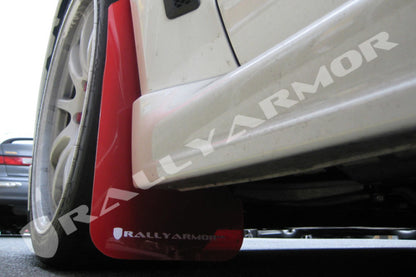 Rally Armor 2008+ Mitsubishi EVO X UR Red Mud Flap w/ White Logo.