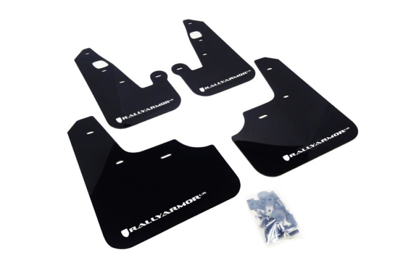 Rally Armor 2007+ Mitsubishi Lancer (doesnt fit Sportback) UR Black Mud Flap w/ White Logo.