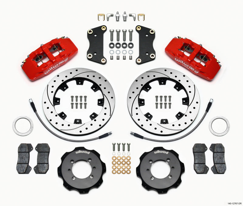 Wilwood Dynapro 6 Front Hat Kit 12.19in Drilled Red 2012 Fiat 500 w/ Lines.
