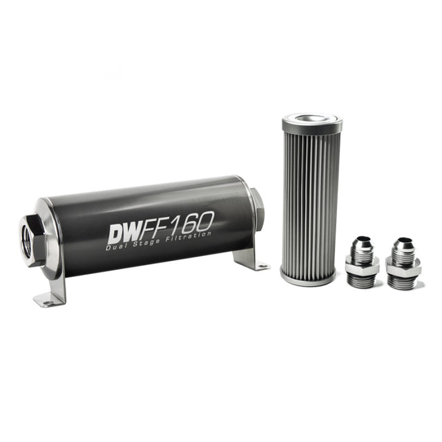 DeatschWerks Stainless Steel 8AN 10 Micron Universal Inline Fuel Filter Housing Kit (160mm).
