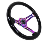 NRG Reinforced Steering Wheel (350mm / 3in. Deep) Blk Wood w/Blk Matte Spoke/Neochrome Center Mark.