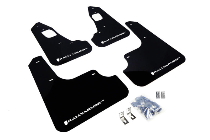 Rally Armor 2008+ Mitsubishi EVO X UR Black Mud Flap w/ White Logo.