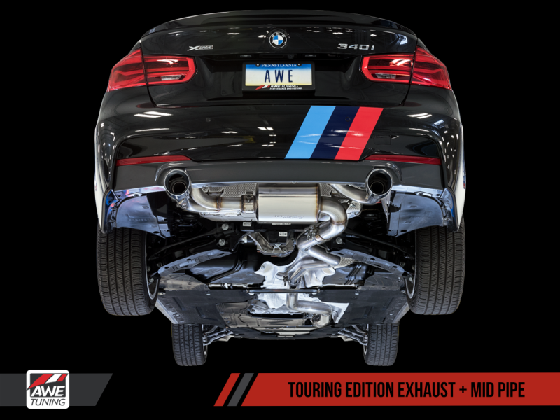 AWE Tuning BMW F3X 340i Touring Edition Axle-Back Exhaust - Chrome Silver Tips (102mm).