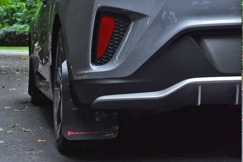 Rally Armor 2019+ Hyundai Veloster Turbo R-Spec UR Black Mud Flap w/ White Logo.