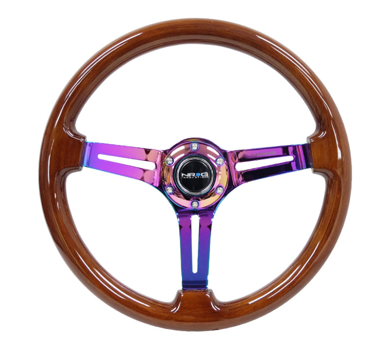 NRG Reinforced Steering Wheel (350mm / 3in. Deep) Brown Wood w/Blk Matte Spoke/Neochrome Center Mark.