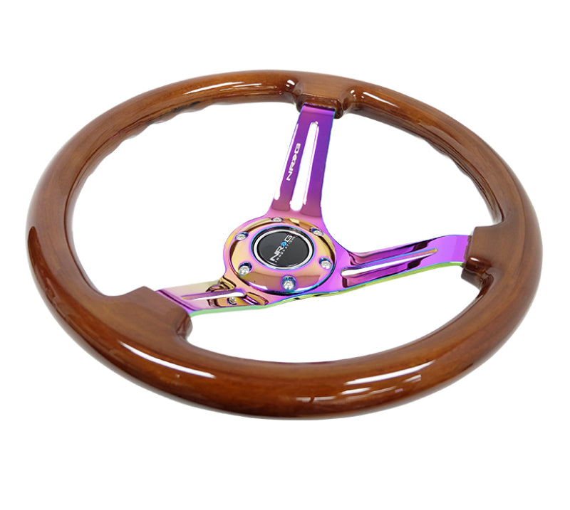 NRG Reinforced Steering Wheel (350mm / 3in. Deep) Brown Wood w/Blk Matte Spoke/Neochrome Center Mark.