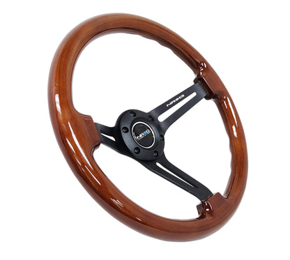 NRG Reinforced Steering Wheel (350mm / 3in. Deep) Brown Wood w/Blk Matte Spoke/Black Center Mark.
