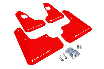Rally Armor 2008+ Mitsubishi EVO X UR Red Mud Flap w/ White Logo.