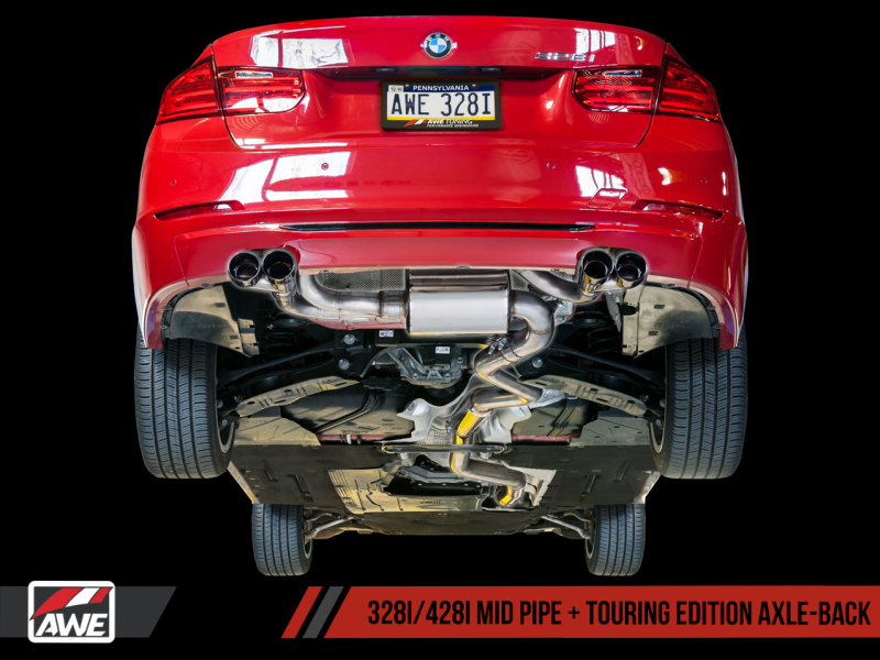AWE Tuning BMW F3X N20/N26 328i/428i Touring Edition Exhaust Quad Outlet - 80mm Diamond Black Tips.