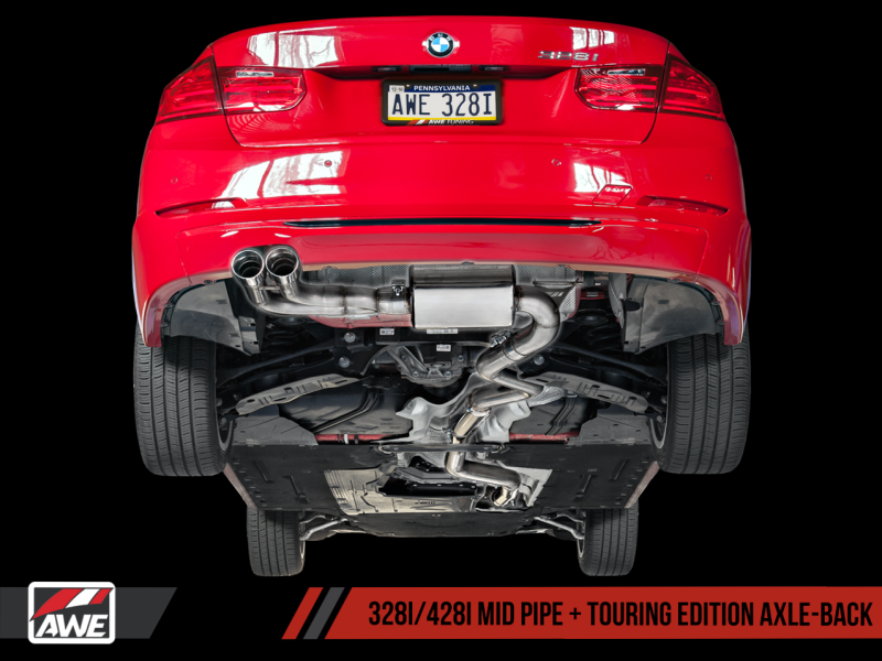 AWE Tuning BMW F3X 28i / 30i Touring Edition Axle-Back Exhaust Single Side - 80mm Silver Tips.