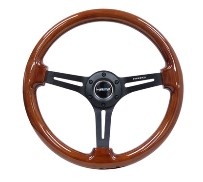 NRG Reinforced Steering Wheel (350mm / 3in. Deep) Brown Wood w/Blk Matte Spoke/Black Center Mark.