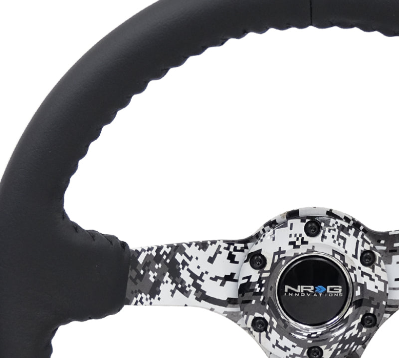 NRG Reinforced Steering Wheel (350mm / 3in. Deep) Blk Leather w/Hydrodipped Digi-Camo Spokes.