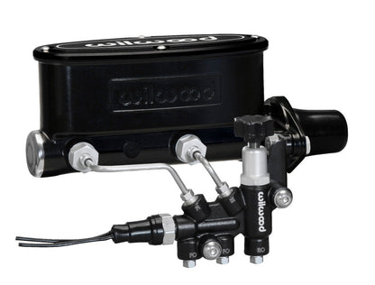 Wilwood HV Tandem M/C Kit w L/H Bracket & Prop Valve - 1in Bore Black.