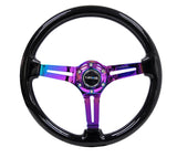 NRG Reinforced Steering Wheel (350mm / 3in. Deep) Blk Wood w/Blk Matte Spoke/Neochrome Center Mark.