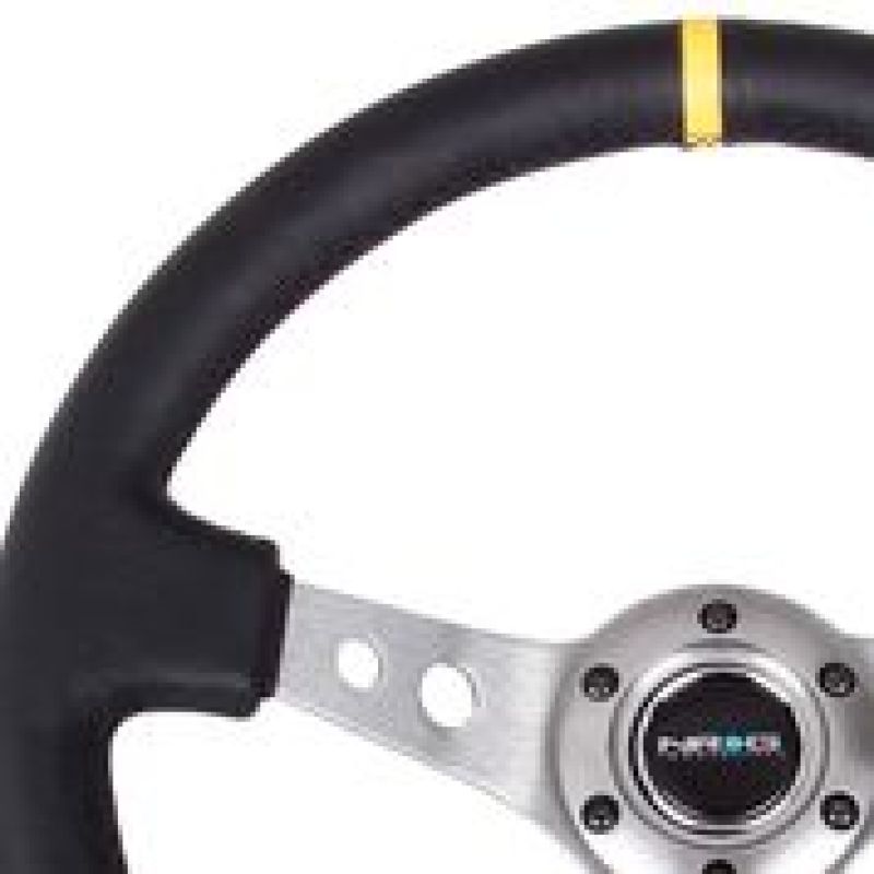 NRG Reinforced Steering Wheel (350mm / 3in. Deep) Blk Leather w/Gunmetal Cutout Spoke & Yellow CM.