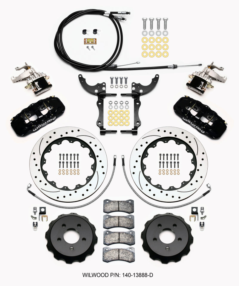 Wilwood AERO4 / MC4 Rear Kit 14.00 Drilled 2015-Up Mustang w/Lines & Cables.