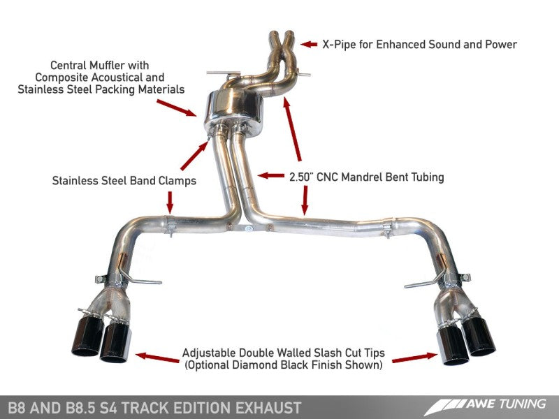 AWE Tuning Audi B8 / B8.5 S4 3.0T Track Edition Exhaust - Chrome Silver Tips (90mm).