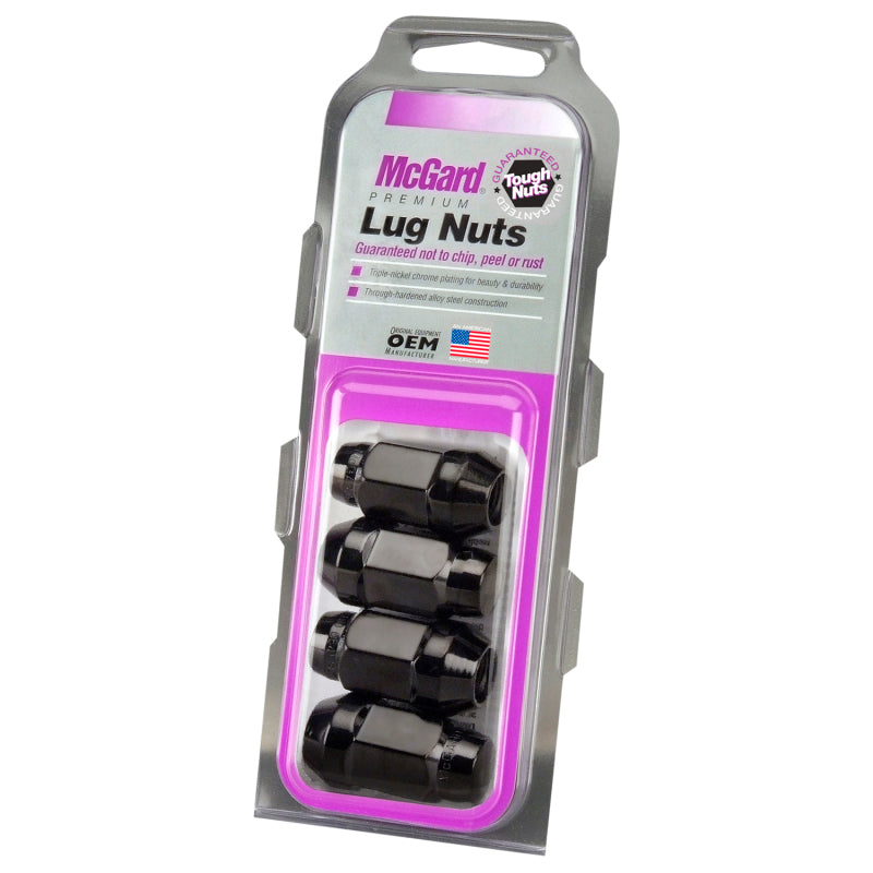 McGard Hex Lug Nut (Cone Seat Bulge Style) M12X1.5 / 3/4 Hex / 1.45in. Length (4-Pack) - Black.