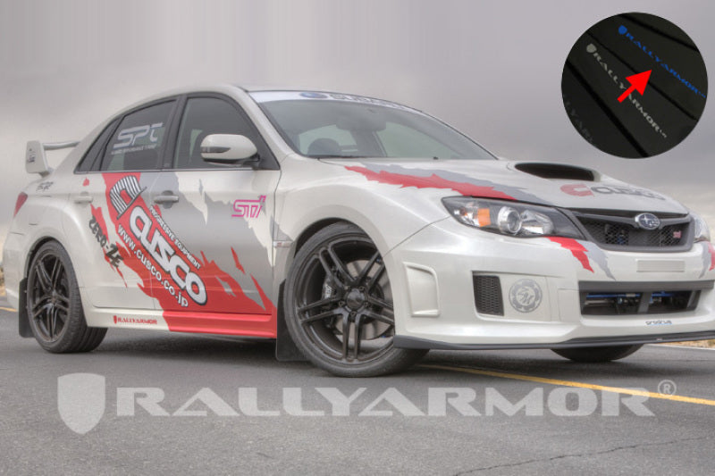 Rally Armor 11+ STI/WRX Sedan Only UR Black Mud Flap w/ Blue Logo.