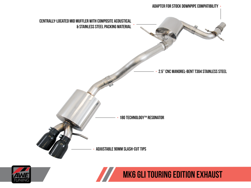 AWE Tuning Mk6 GLI 2.0T - Mk6 Jetta 1.8T Touring Edition Exhaust - Diamond Black Tips.