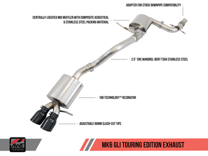 AWE Tuning Mk6 GLI 2.0T - Mk6 Jetta 1.8T Touring Edition Exhaust - Diamond Black Tips.