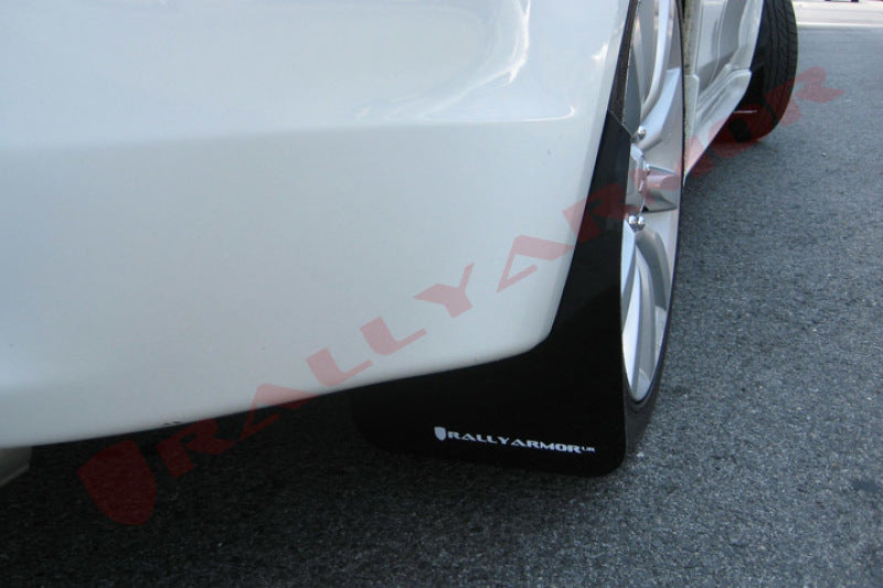 Rally Armor 2007+ Mitsubishi Lancer (doesnt fit Sportback) UR Black Mud Flap w/ White Logo.