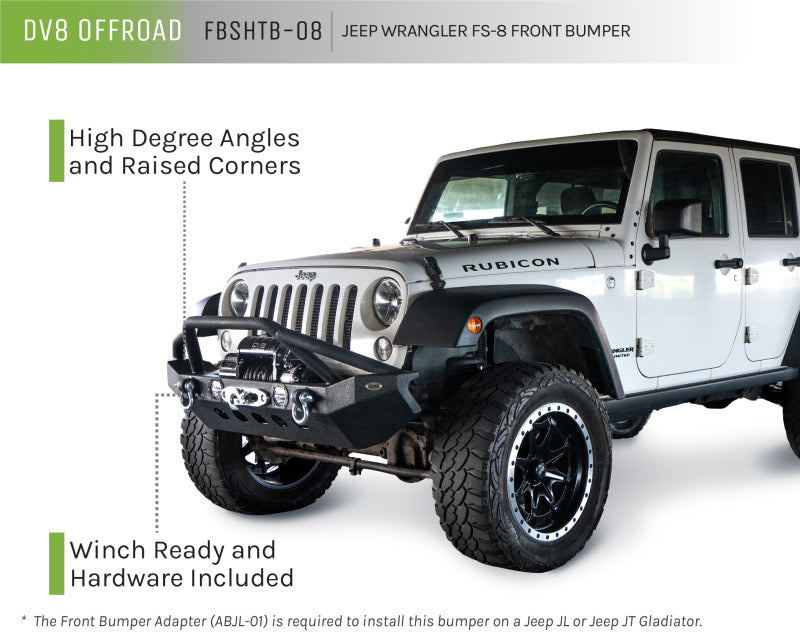 DV8 Offroad 07-18 Jeep Wrangler JK/JL FS-8 Mid Length Steel Front Bumper w/ LED Lights