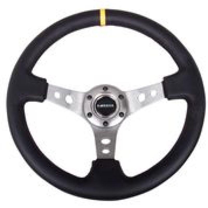 NRG Reinforced Steering Wheel (350mm / 3in. Deep) Blk Leather w/Gunmetal Cutout Spoke & Yellow CM.