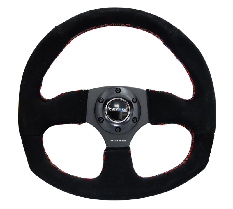 NRG Reinforced Steering Wheel (320mm Horizontal / 330mm Vertical) Suede w/Red Stitch.