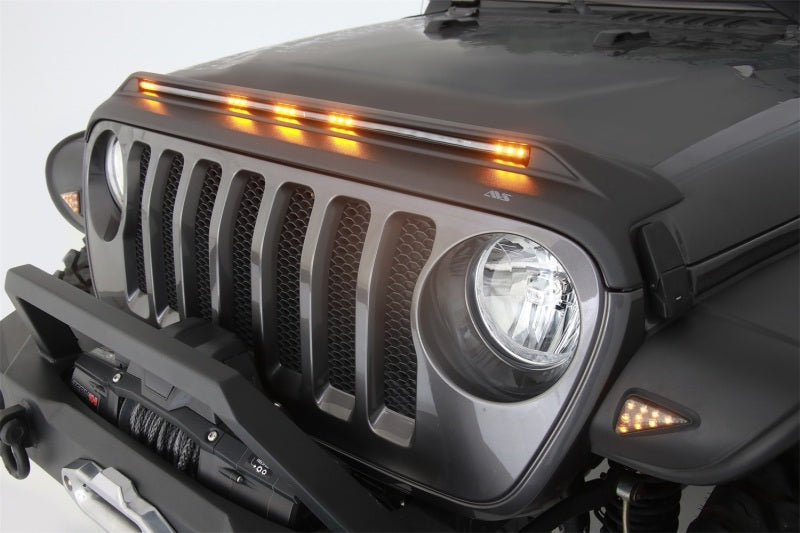 AVS 2007-2018 Jeep Wrangler JK Aeroskin Low Profile Hood Shield w/ Lights - Black.