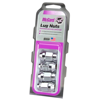 McGard Hex Lug Nut (Cone Seat Bulge Style) M12X1.25 / 3/4 Hex / 1.45in. Length (4-Pack) - Chrome.