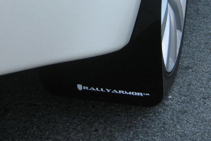 Rally Armor 2008+ Mitsubishi EVO X UR Black Mud Flap w/ White Logo.