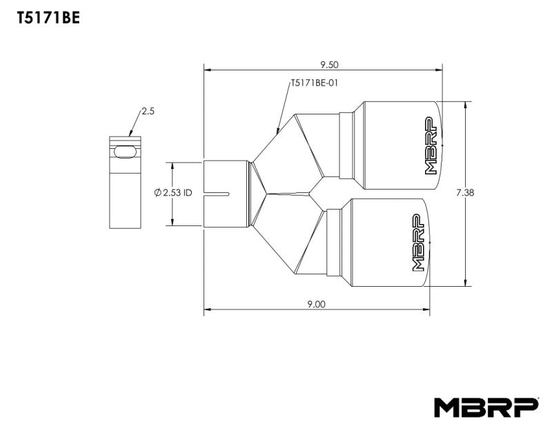 MBRP Burnt End Tip 2.5 ID, Dual 3.5 OD Out, 9.5 length, Single wall 304 Stainless Steel.