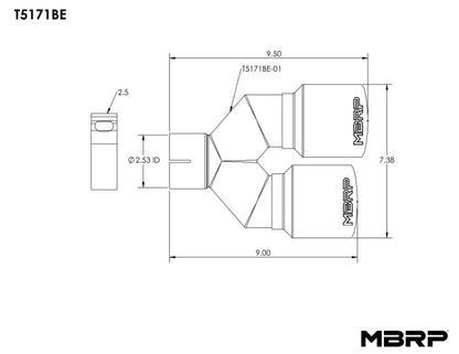 MBRP Burnt End Tip 2.5 ID, Dual 3.5 OD Out, 9.5 length, Single wall 304 Stainless Steel.