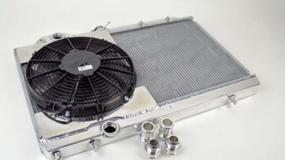 CSF 96-07 Mitsubishi Evo 4/5/6/7/8/9 Full-Slim Radiator w/12in Fan & Shroud/-16AN & Slip On Fitting.