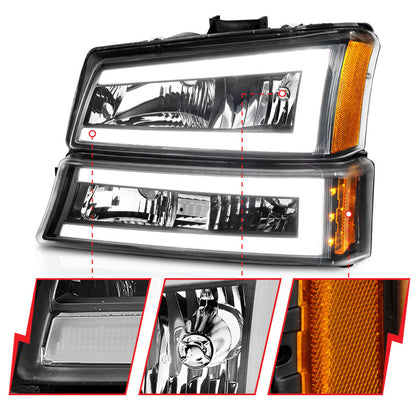 ANZO 2003-2006 Chevrolet Silverado 1500 Crystal Headlights w/ Light Bar Black Housing.
