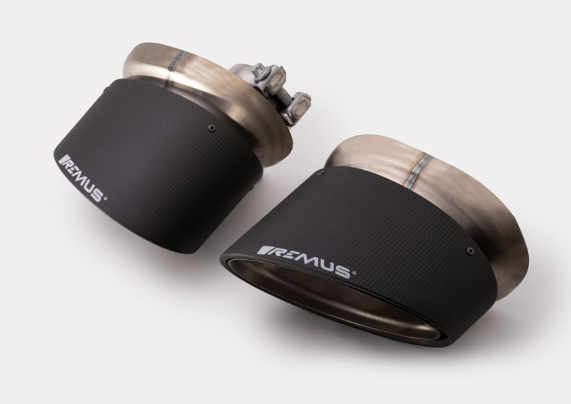 Remus Carbon 175x108mm Angled Titanium Internals w/Adj Clamp Tail Pipe Set (Pair).