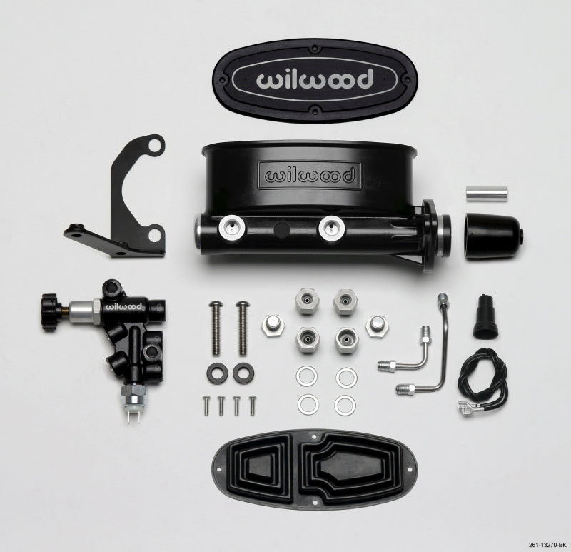 Wilwood HV Tandem M/C Kit w L/H Bracket & Prop Valve - 1 1/8in Bore Black.