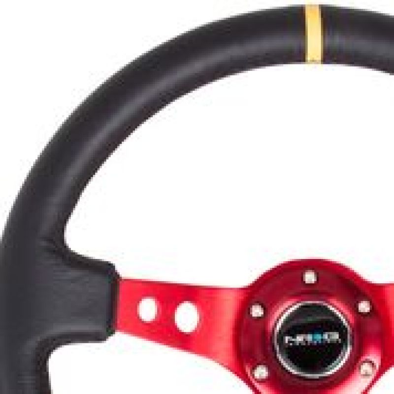 NRG Reinforced Steering Wheel (350mm / 3in. Deep) Blk Leather w/Red Spokes & Sgl Yellow Center Mark.