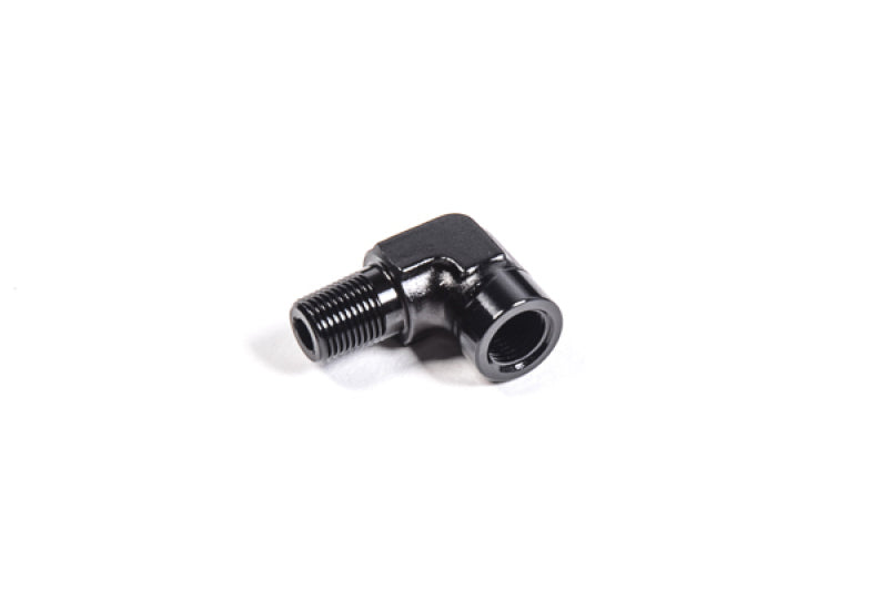 Radium Engineering 1/8in NPT Male to Female 90 Degree Fitting.